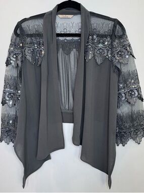 Embellished Sheer Sleeve Open-Front Sweater - Gray